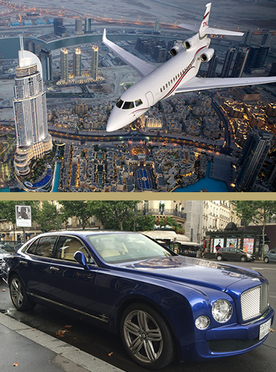 All types of means of transport: private jet, helicopter, luxury car, yacht